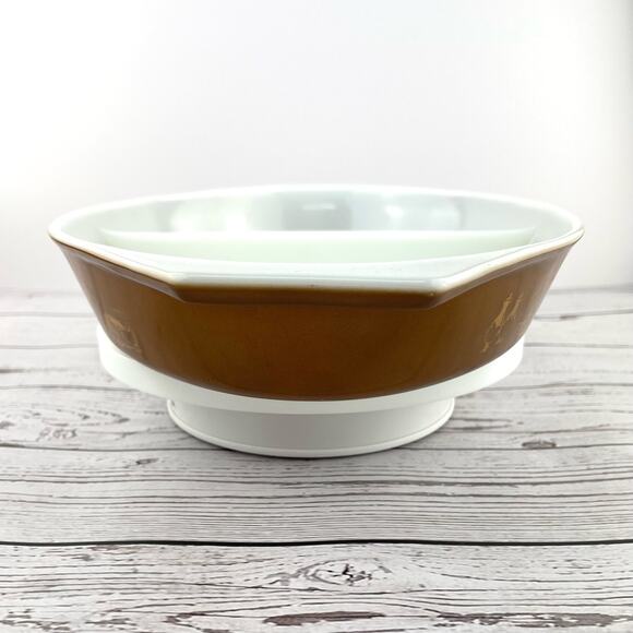 Vintage Pyrex Early American Pattern 1.5 Qt Divided Casserole, Gold Eagle Brown - Picture 6 of 10